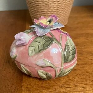 Vintage Porcelain Egg Trinket Dish Floral & Leaf Accents Easter Floral Egg